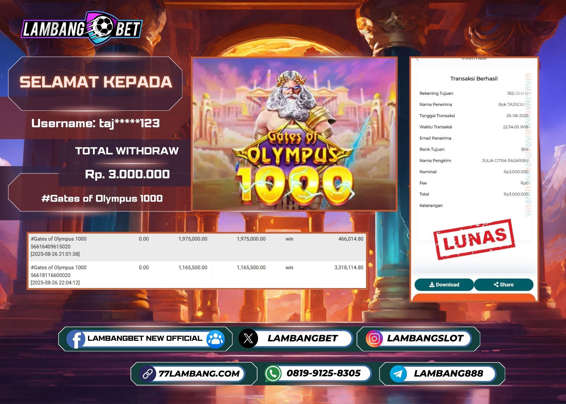 LAMBANGBET [26 AUGUST 2025] JACKPOT SLOT Gates of Olympus 1000 "Rp3.000.000" LUNAS
